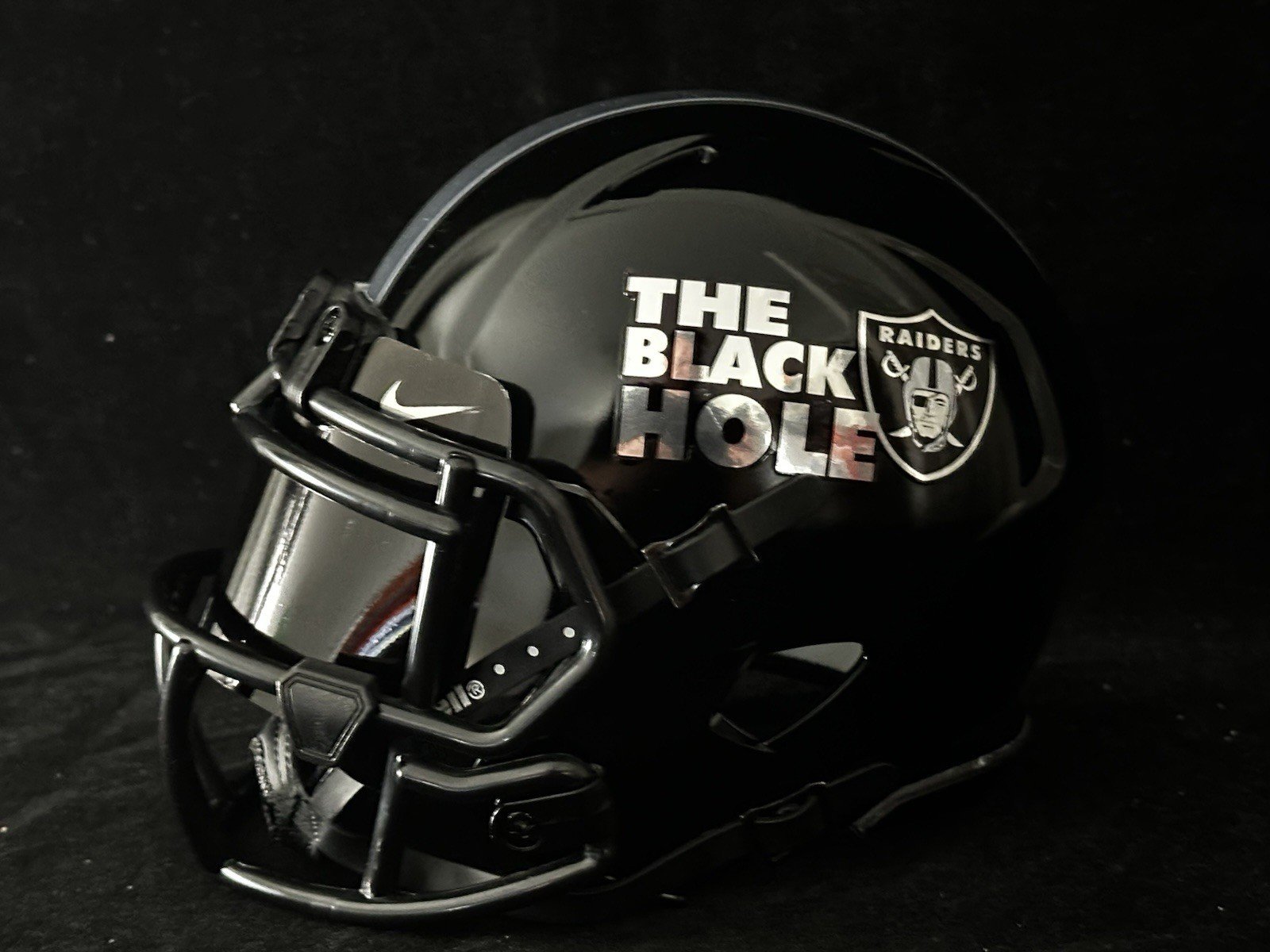 Las Vegas Raiders Black Hole Mini Helmet Glossy Black N Chrome!