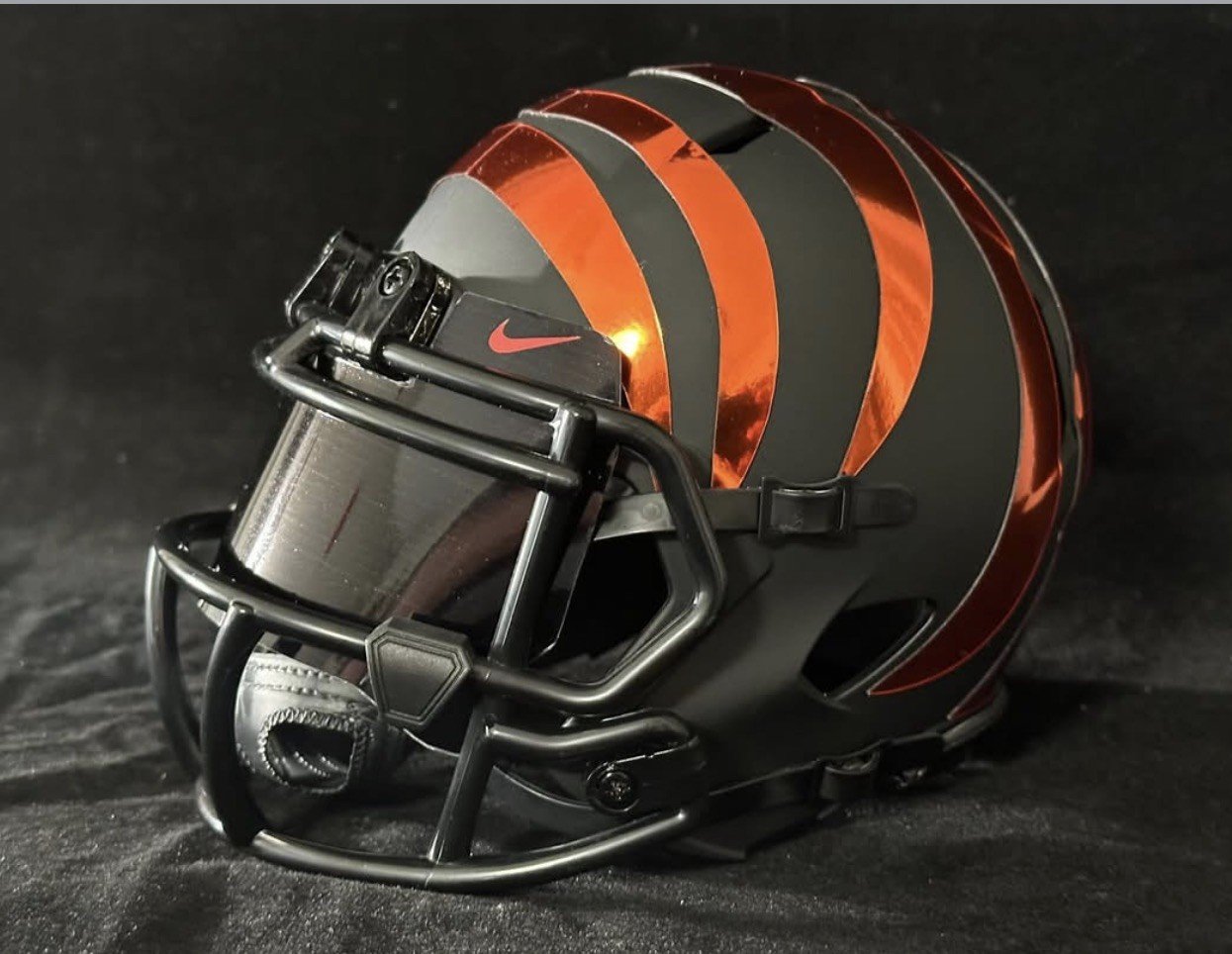 Cincinnati Bengals matte blackout with chrome orange stripes and visor!